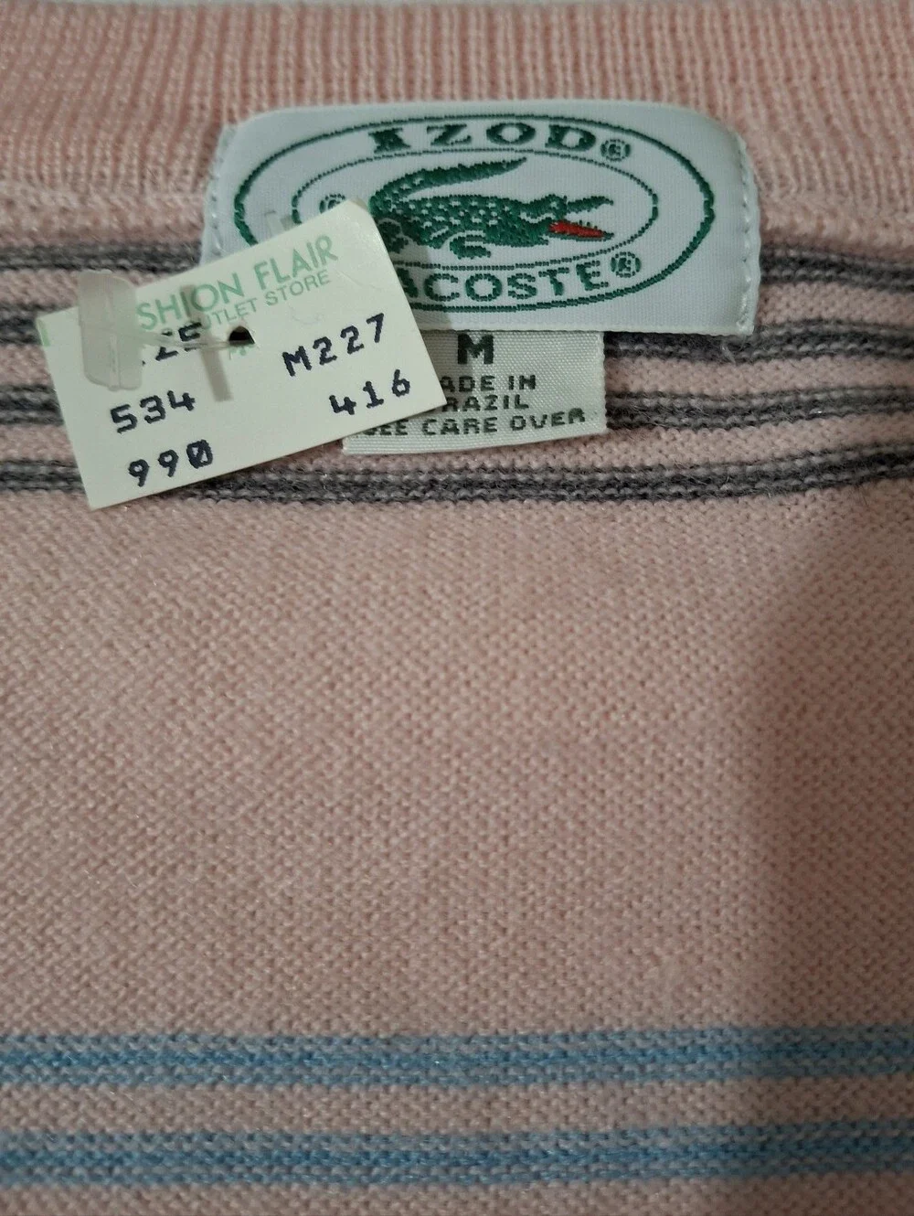 NOS Deadstock Vintage Men's Izod Lacoste Pink Grey Blue Stripe V-Neck Sweater